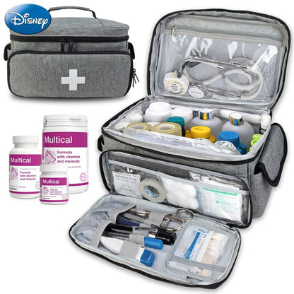 Travel first aid kit bag with layered compartments for medicine storage