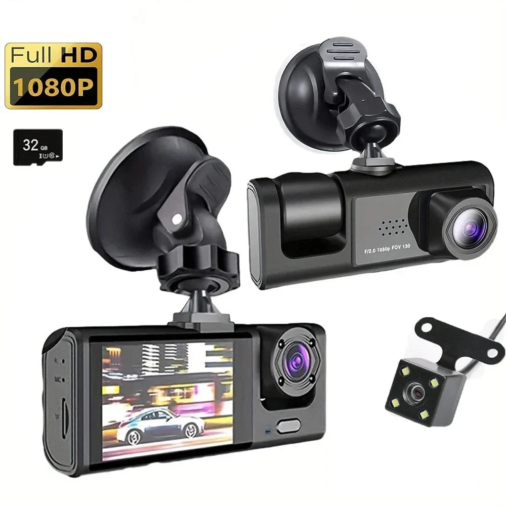 Triple dash cam with front, rear, and inside cameras in 1080p HD for complete vehicle security