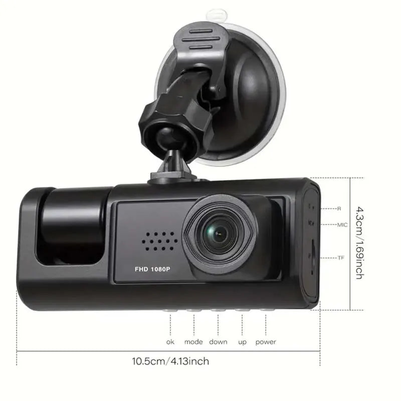 Triple dash cam with front, rear, and inside cameras in 1080p HD for complete vehicle security