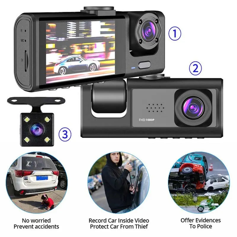 Triple dash cam with front, rear, and inside cameras in 1080p HD for complete vehicle security