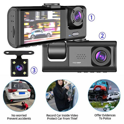 Triple dash cam with front, rear, and inside cameras in 1080p HD for complete vehicle security