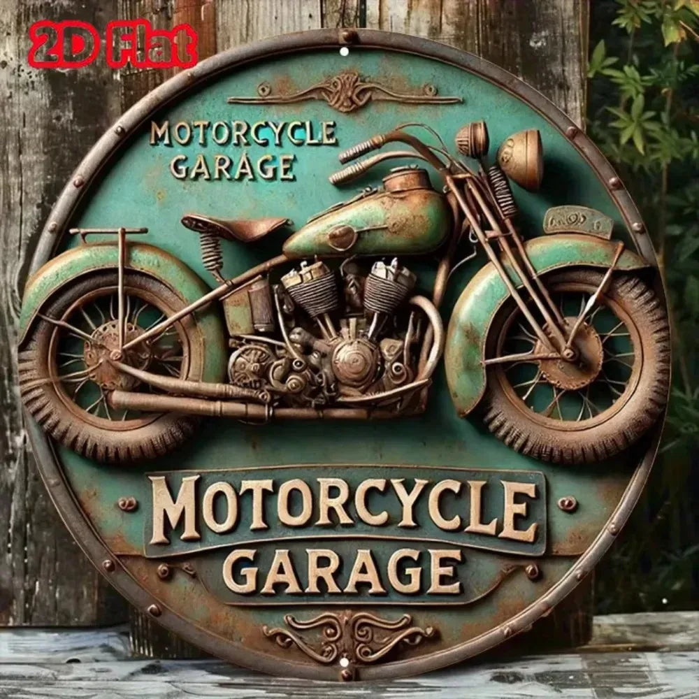 Vintage Aluminum Sign with retro motorcycle design for garage decor