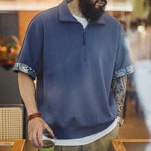 Vintage Boro Style Half-Zip Indigo Dyed Printed Short Sleeve Polo Shirt for Men