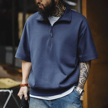 Vintage Boro Style Half-Zip Indigo Dyed Printed Short Sleeve Polo Shirt for Men