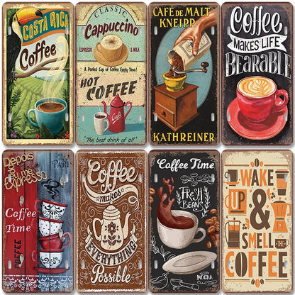 Vintage Metal Tin Sign with retro coffee time design for cafe decor