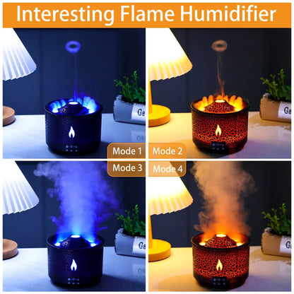 Volcano flame humidifier with LED fire effect and essential oil diffuser