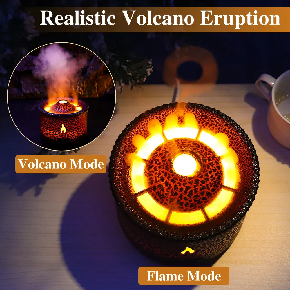 Volcano flame humidifier with LED fire effect and essential oil diffuser