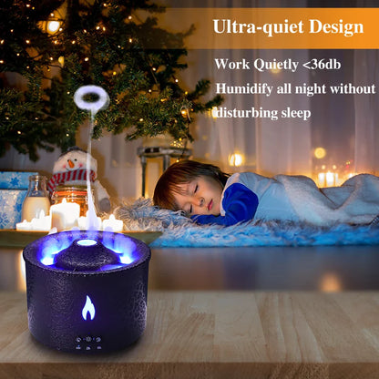 Volcano flame humidifier with LED fire effect and essential oil diffuser
