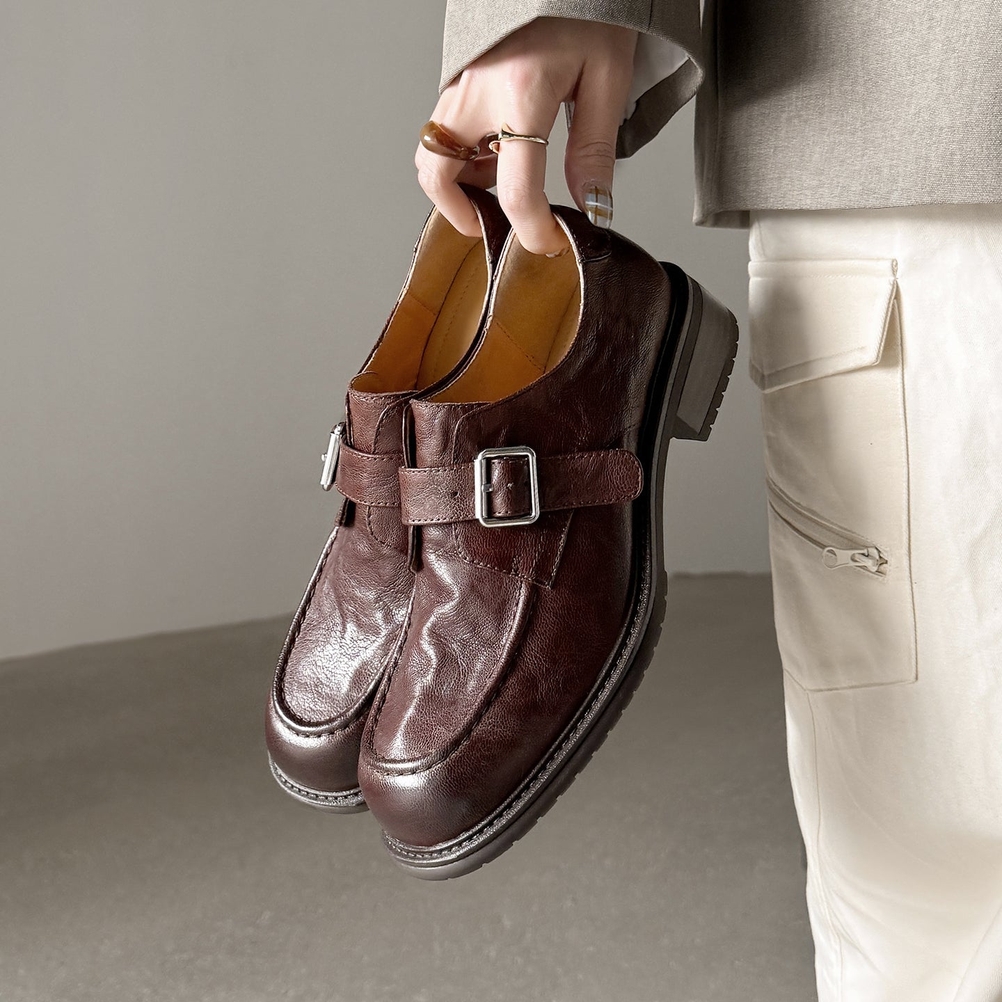Washed Leather Monk Strap Loafers