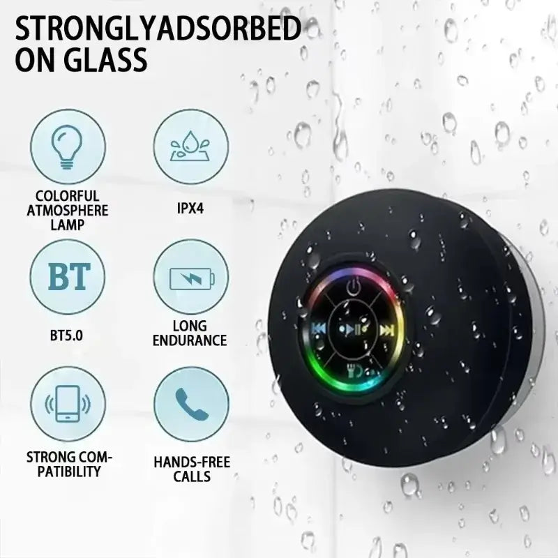 Waterproof Bluetooth shower speaker with LED lights and suction cup wall mount