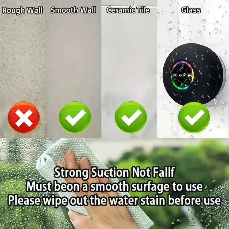 Waterproof Bluetooth shower speaker with LED lights and suction cup wall mount