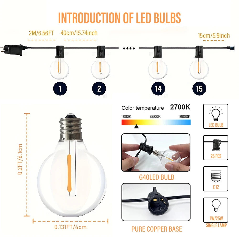 Waterproof LED G40 string lights for outdoor garden and party decor