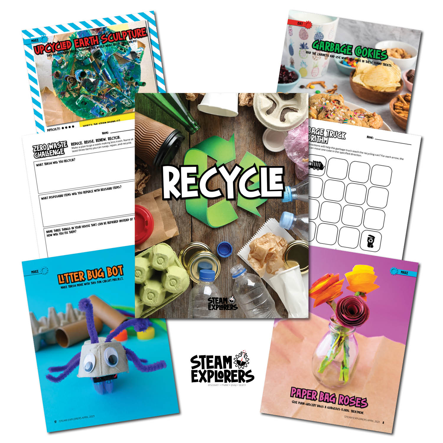 Recycle ebook for kids featuring fun STEAM activities and recycling lessons

