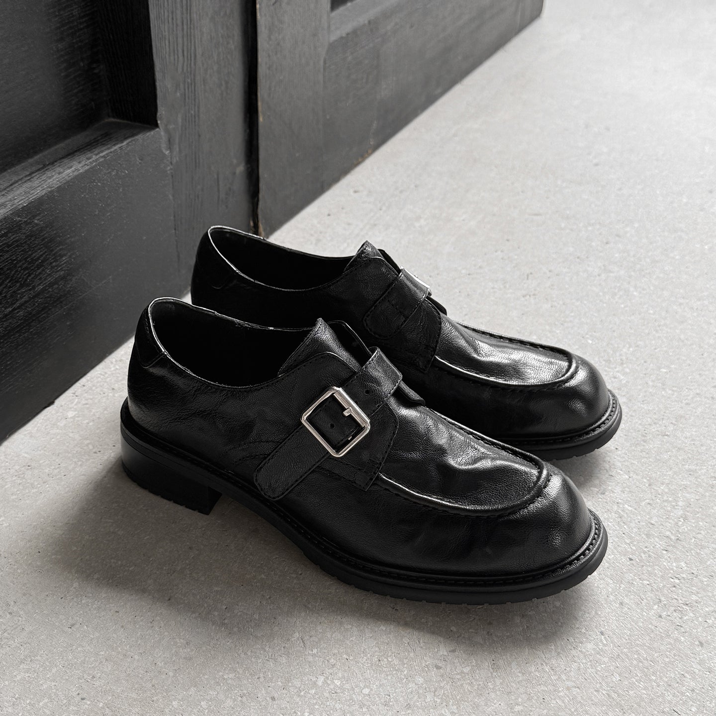 Washed Leather Monk Strap Loafers