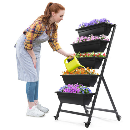65x60x130cm 5 Layers With Wheels Black PE Planter Pot