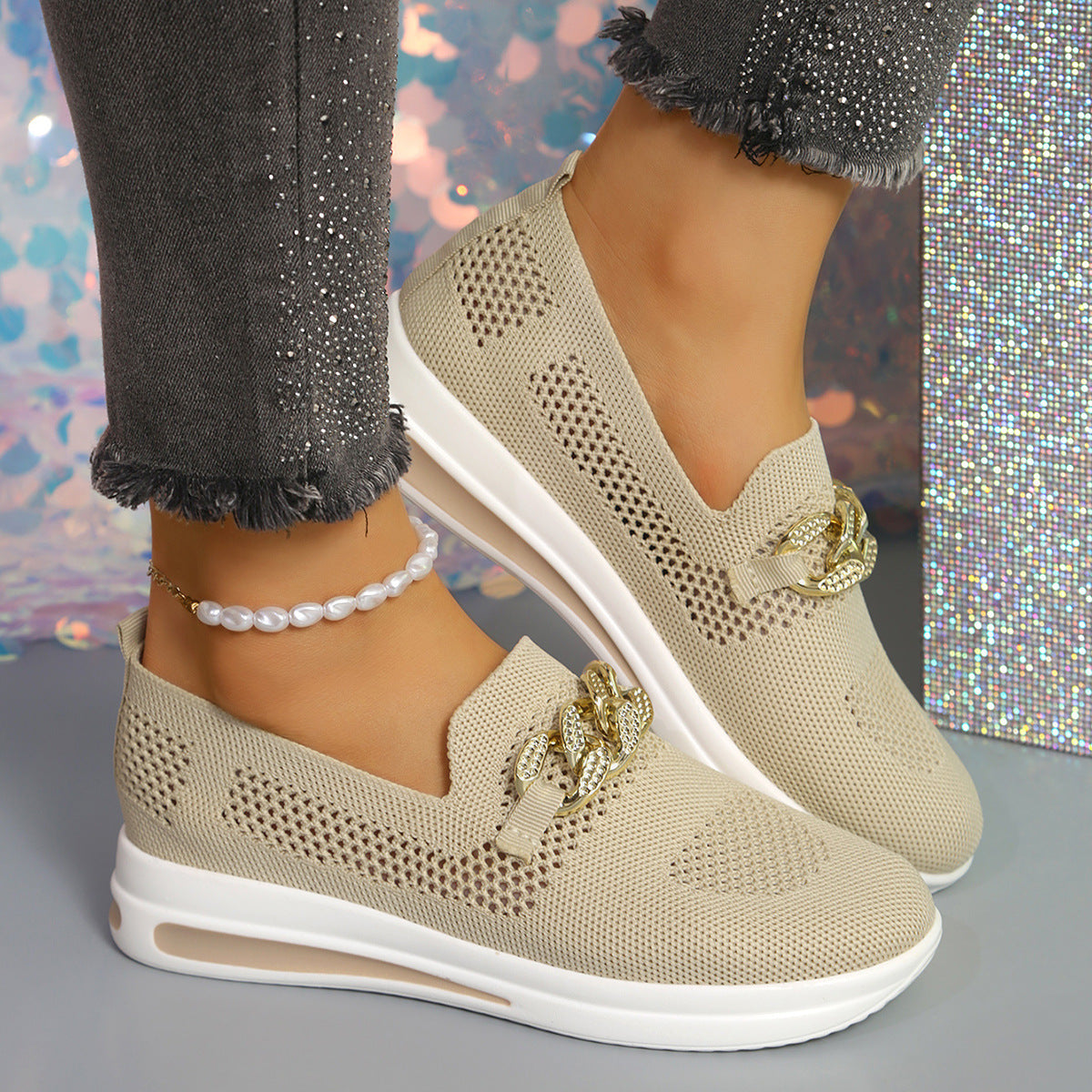 Breathable Hollowed-Out Upper Metal Chain Wedge Casual Shoes 43