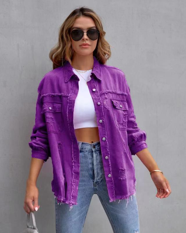 Women’s Fashion Ripped Shirt Jacket for Autumn and Spring Casual Tops
