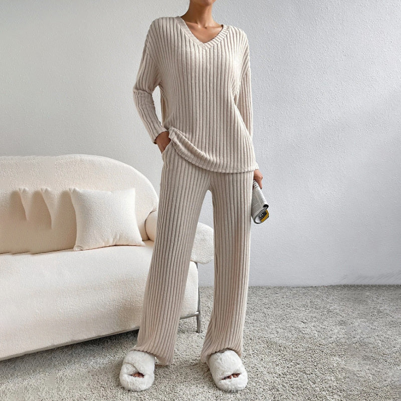 Women's V-Neck Ribbed 2-Piece Set for Fall and Winter