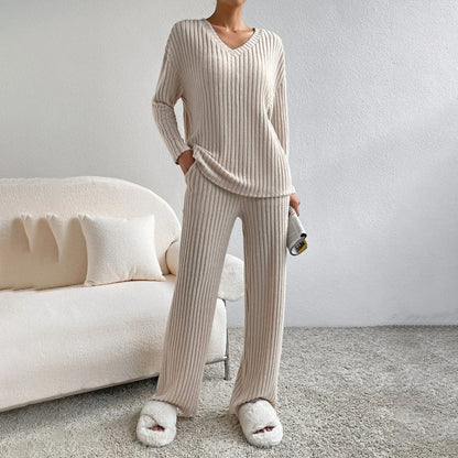 Women's V-Neck Ribbed 2-Piece Set for Fall and Winter
