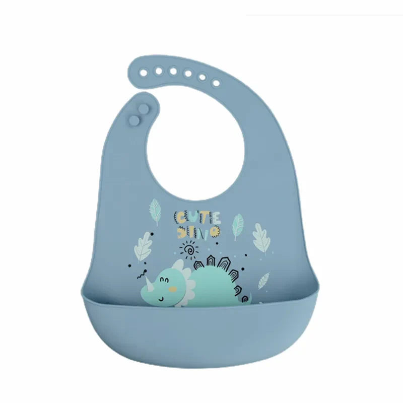 Waterproof baby bib with adjustable silicone strap and dinosaur print

