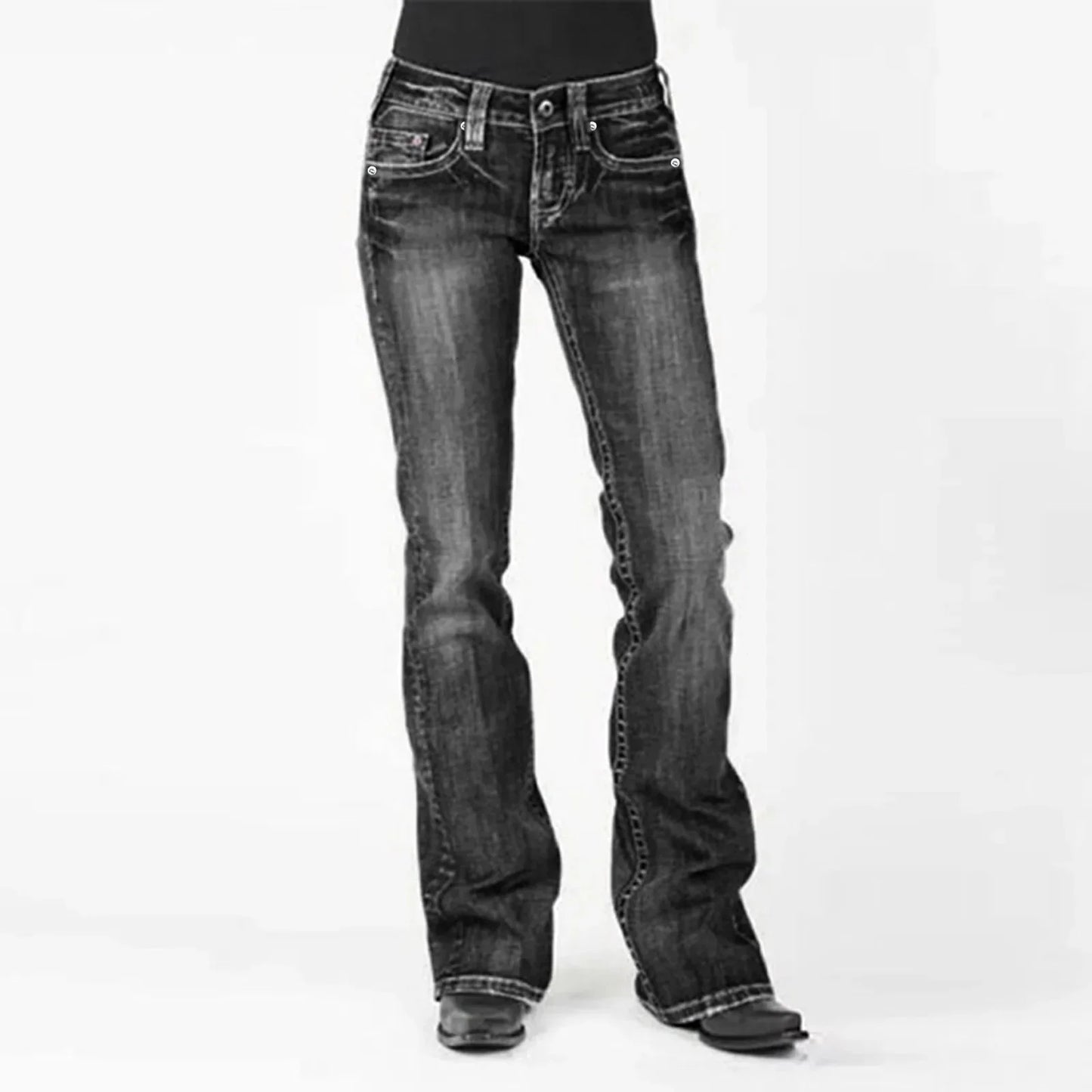 Vintage American Style Mid Waist Flared Jeans for women, slimming and stylish denim for retro fashion.