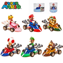 A collection of Super Mario Bros action figures in various costumes, riding in their karts, with two figures depicting the characters Mario and Princess Peach in their iconic vehicles.