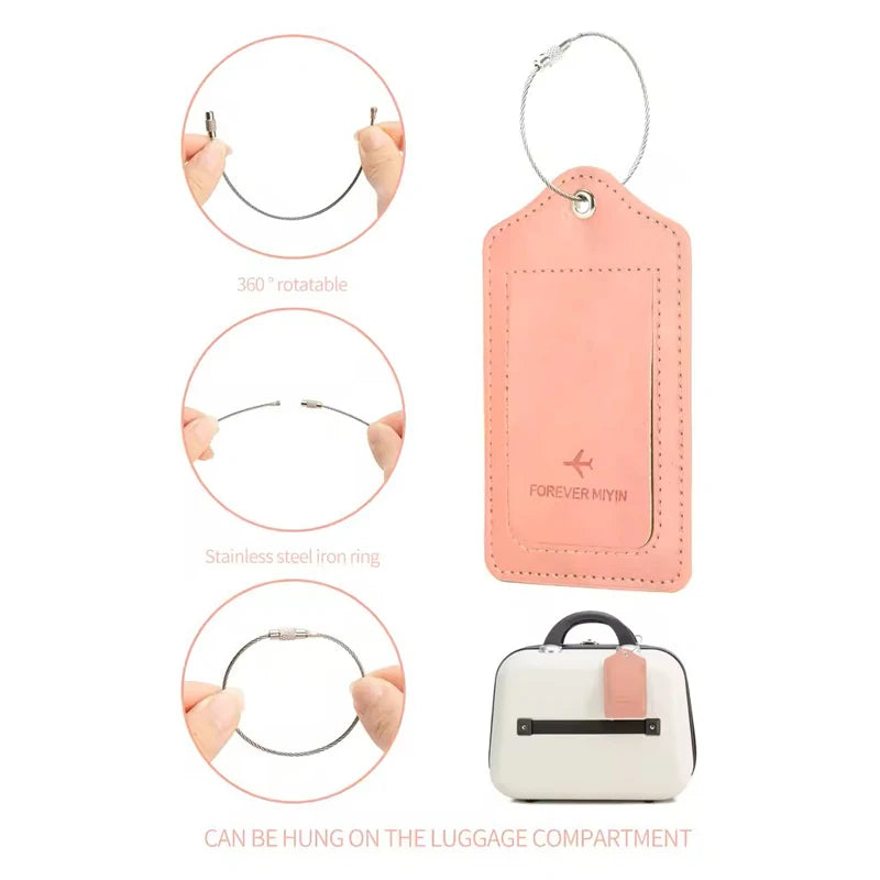 PU leather luggage tag with anti-loss wire loop and privacy cover

