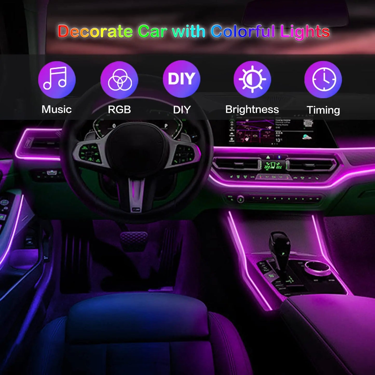 RGB LED Fiber Optic Ambient Strip Lights glowing in car interior