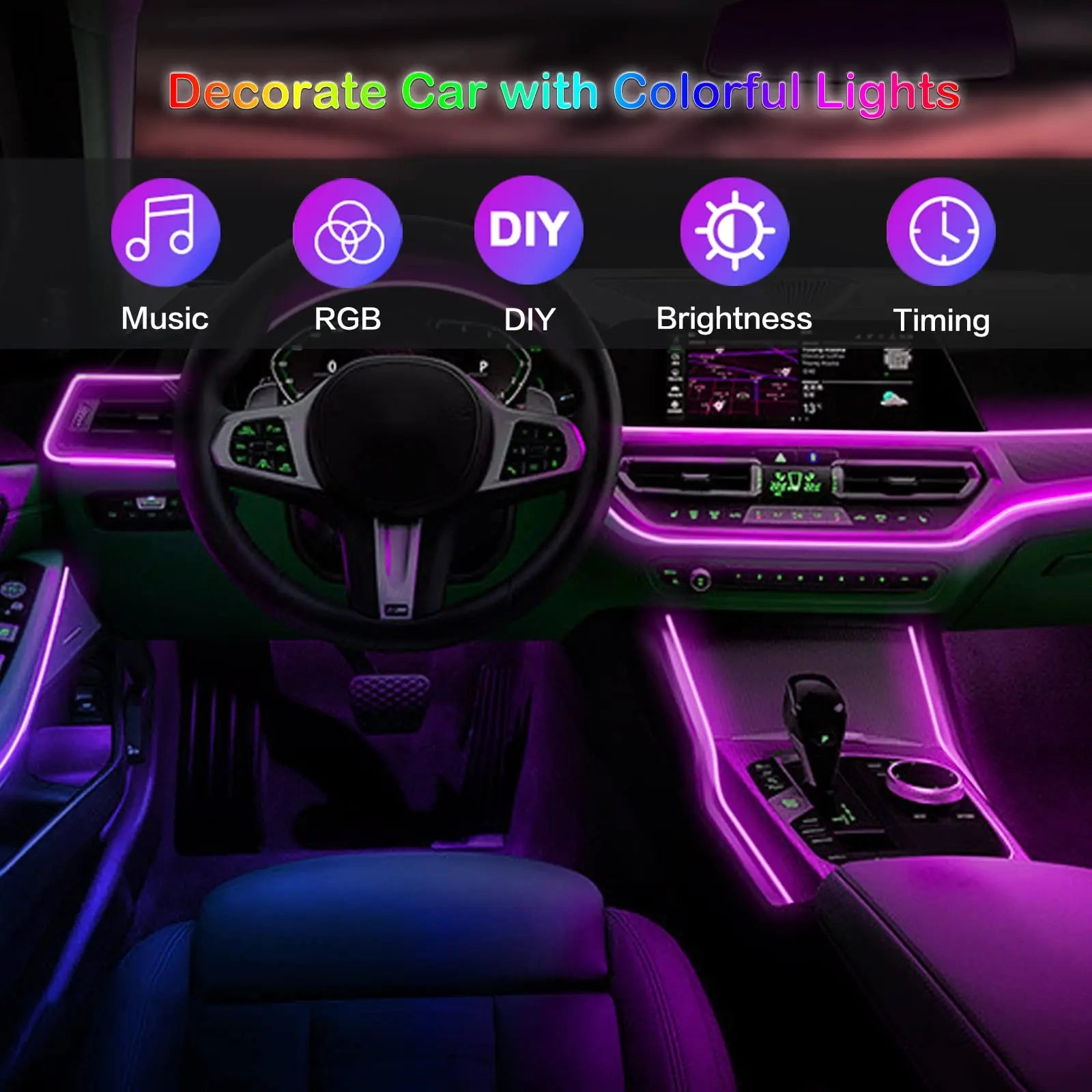 RGB LED Fiber Optic Ambient Strip Lights glowing in car interior