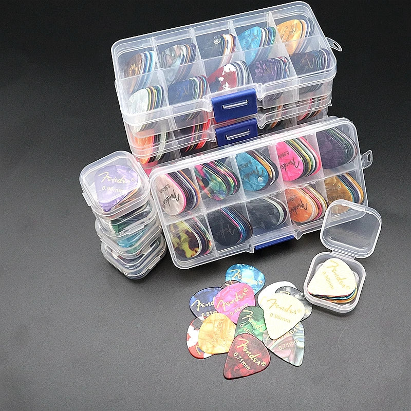 Colorful 100pcs guitar picks set for acoustic and electric guitars with box and various thicknesses

