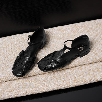 Women's Genuine Sheepskin Fisherman Sandals, Handmade Woven T-Strap Closed Toe Flat Shoes