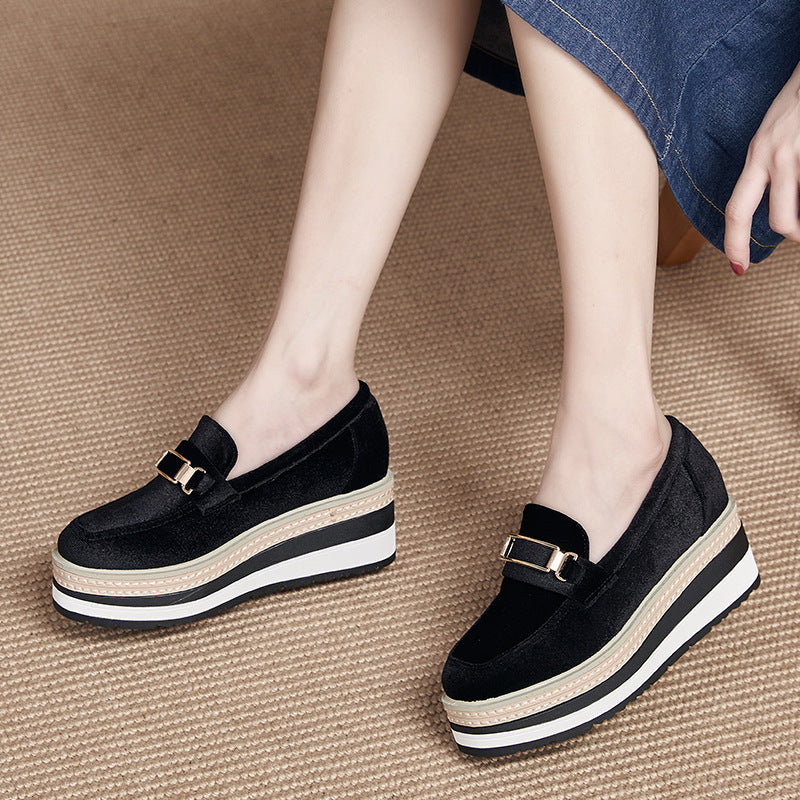 Metal-buckle Striped Sole Wedge Slip-on Shoes