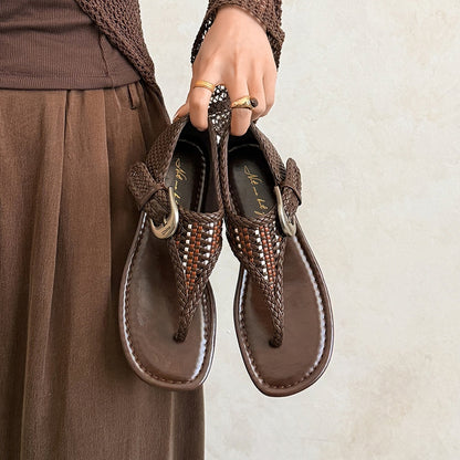 Women's Handwoven Cowhide Thong Sandals, Full-Grain Leather Ankle Buckle Flat Shoes