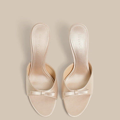 Female High-heeled Cool Mop Bow Large Size Silk Thin Heel Cool Mop New French Style Shoes