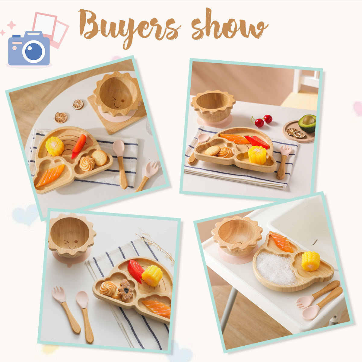 Eco-friendly baby bamboo tableware set with spork for toddler feeding

