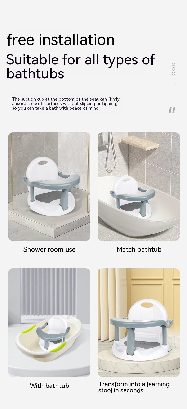 Baby bath stool safety chair with anti-slip design for safe bathing

