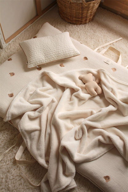 Baby bear fluffy blanket made with soft velvet for infant warmth and comfort

