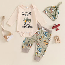 Newborn baby boy wearing 3 piece fall outfit with romper and tractor pants

