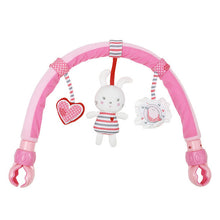Baby stroller hanging toy with plush animal and clip for easy attachment

