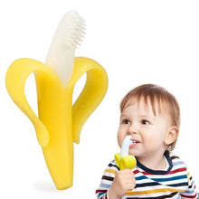 Banana-shaped baby silicone teether and training toothbrush