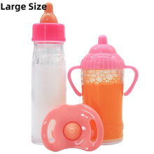 Baby doll feeding bottle set with milk, juice bottles, and pacifier