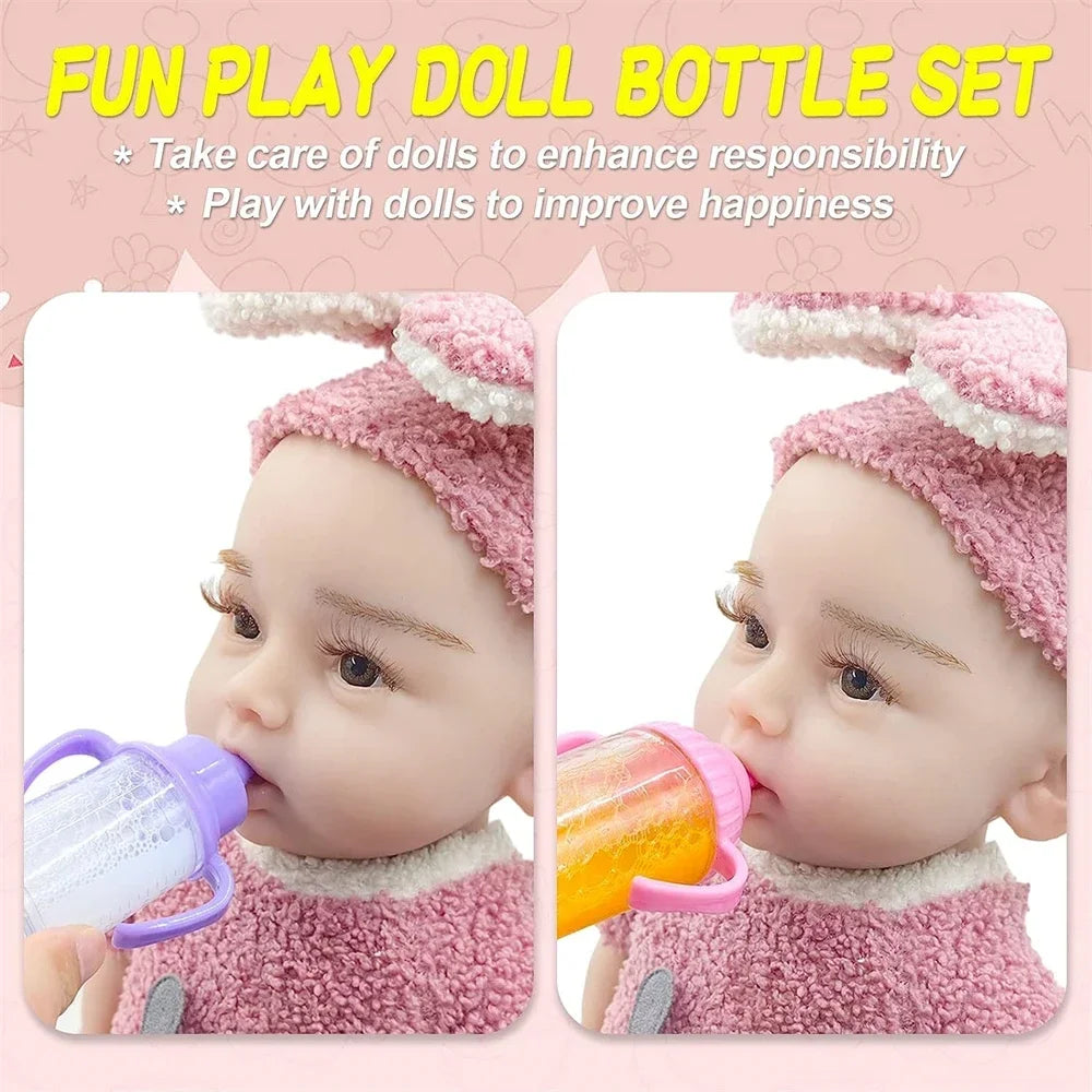 Baby doll feeding bottle set with milk, juice bottles, and pacifier