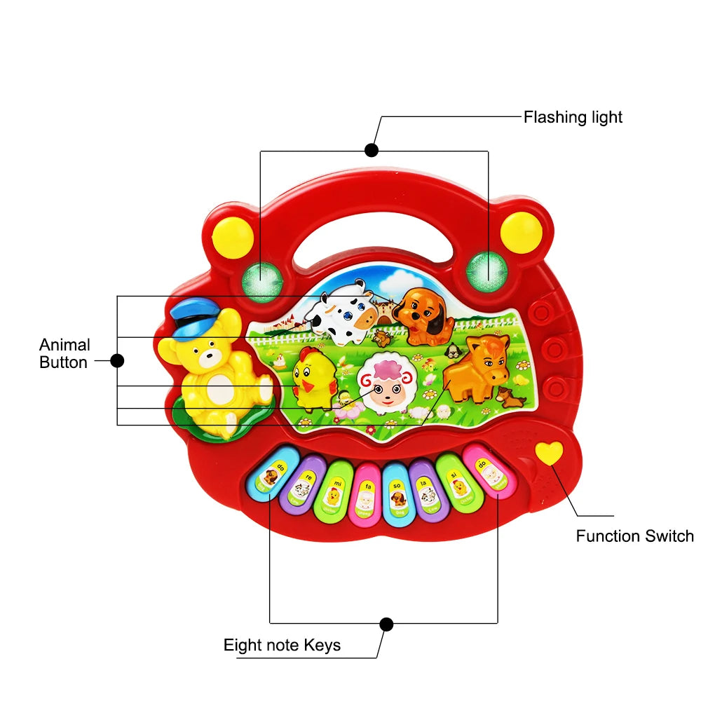 Colorful baby musical toy with piano keys, animal sounds, and flashing lights

