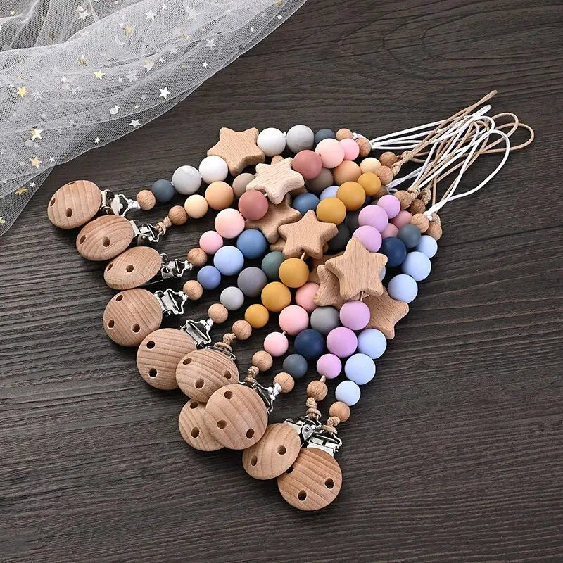 Baby pacifier chain with wooden pentagram teether and silicone beads for teething relief