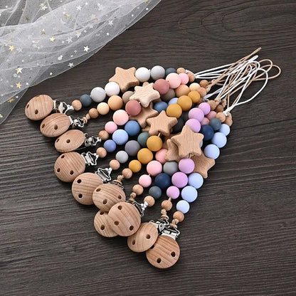 Baby pacifier chain with wooden pentagram teether and silicone beads for teething relief