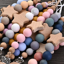 Baby pacifier chain with wooden pentagram teether and silicone beads for teething relief