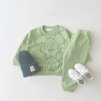 Cute baby summer clothing set with cartoon t-shirt and solid color shorts

