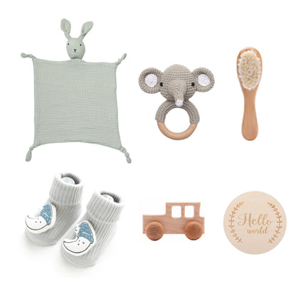 Infant bath towel gift set with rabbit toy and baby rattle for newborns

