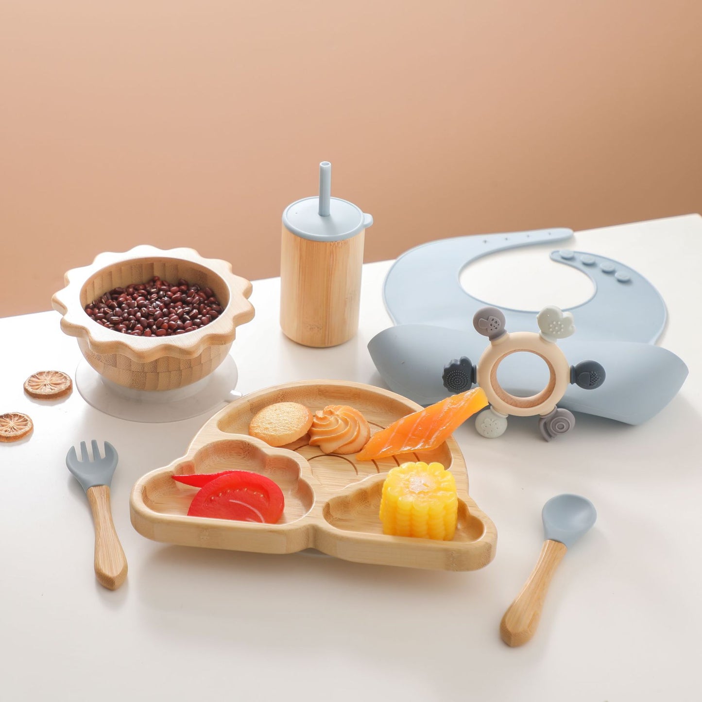 Eco-friendly baby bamboo tableware set with spork for toddler feeding

