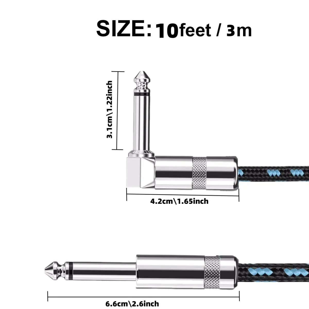 Braided electric guitar cable with 1/4 ft jack 90 degree TS 6.5mm audio mono for bass and electric guitar

